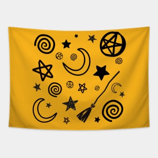 Blessed Be, Broom Stick, Harm None, Pentacle, Spiral, Star… in black + white Tapestry