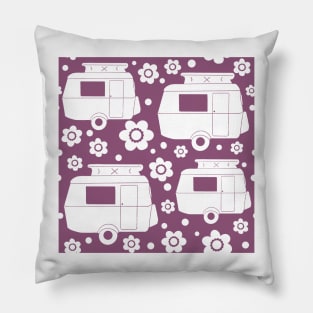 Daisy Polka Dot Vintage Caravan Pattern in Purple and White Pillow