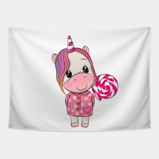 Cute unicorn in a pink coat with a lollipop. Tapestry