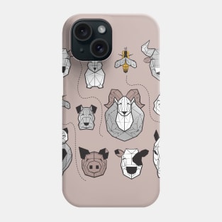 Friendly Geometric Farm Animals // print // green grey linen texture background black and white brown grey and yellow animals Phone Case