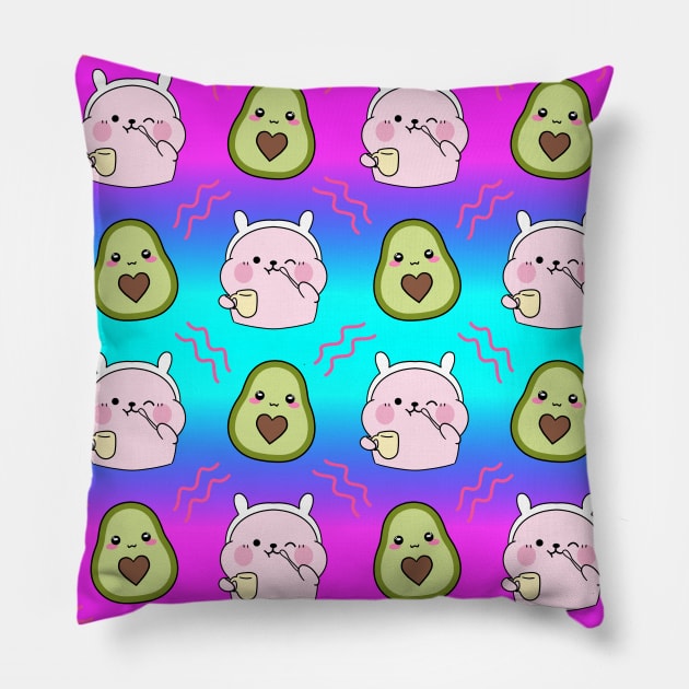 Cute sweet adorable little Kawaii pink baby bunnies with a yellow tea cup cartoon, yummy happy funny green avocados colorful rainbow fruits summer pattern design. Pillow by IvyArtistic