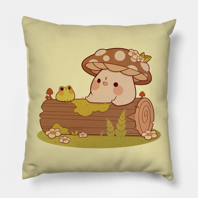 Mushroom And Frog Friends Pillow by Rihnlin