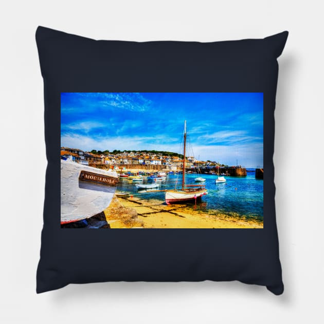 Mousehole Harbour Boat, Cornwall Pillow by tommysphotos