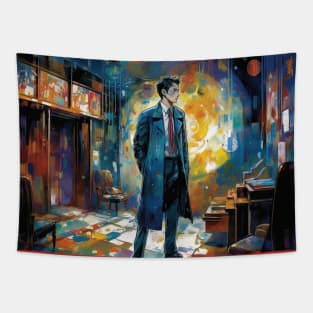 Detective wearing 80s fashion suit and tie inside a room Tapestry