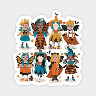 Witches dance // spot illustration // flesh background orange yellow and teal halloween fantasy costumes Magnet