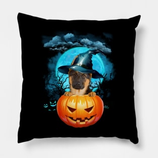 German Shepherd Witch Hat Pumpkin And Blue Moon Halloween Pillow