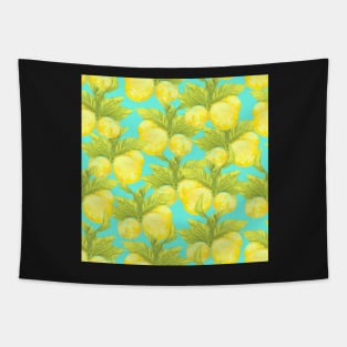 Chalk fresh sunny lemon on blue background Tapestry