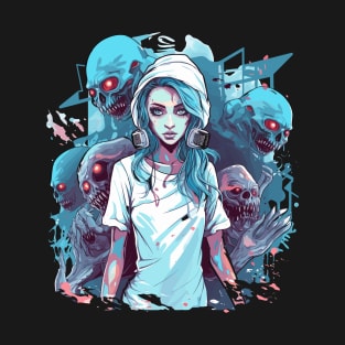 Zombie Nurse with Long Hair Amidst Sinister Halloween Spirits T-Shirt