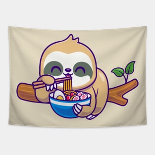 Cute Sloth Eating Ramen On Branch Tree Cartoon Tapestry