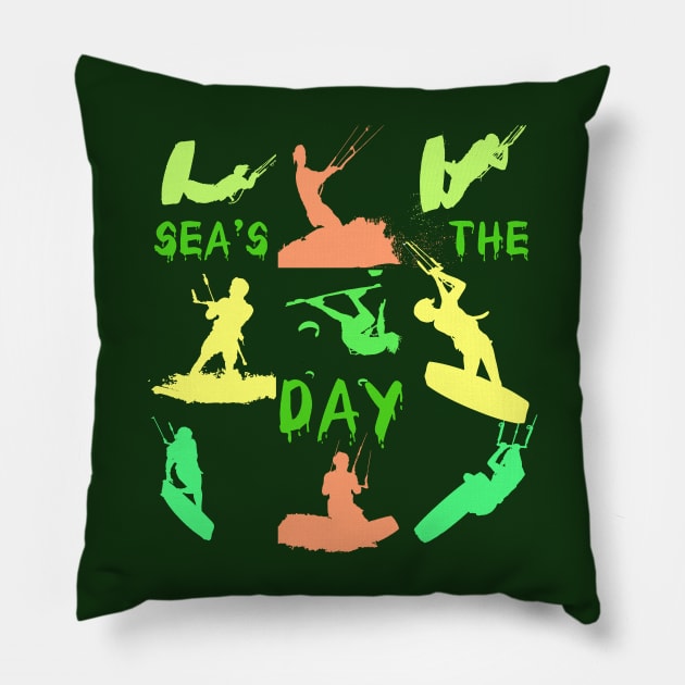 Kitesurfer Silhouette Pattern With Seas The Day Quote Pillow by taiche