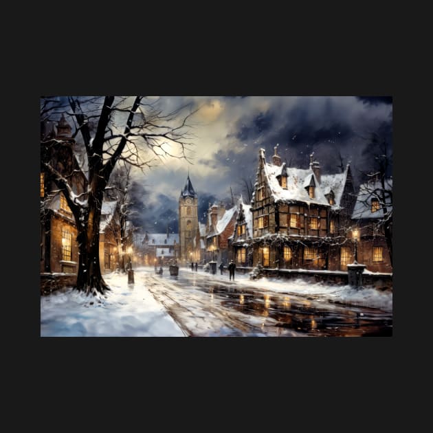 Oil Painting of a Snowy Village Street 2 - Landscape by jecphotography