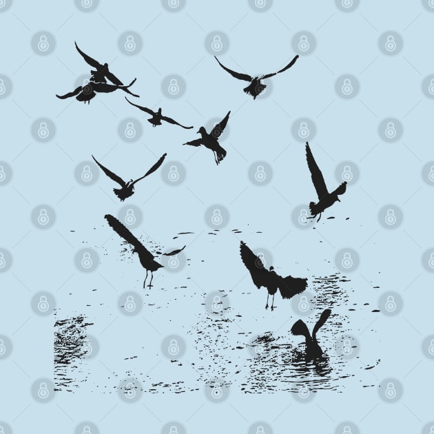 Silhouette Of A Flock Of Seagulls Scavenging Black by taiche