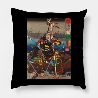 Wounded Samurai Resting After Brutal Battle - Antique Japanese Ukiyo-e Woodblock Print Pillow