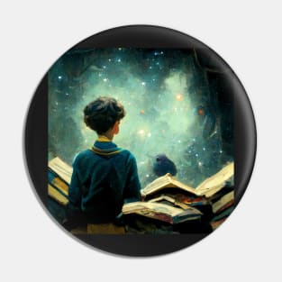 Young boy standing in a pile of books while staring at the universe Pin