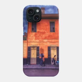 Sunny Days and Blue Skies on a New Orleans French Quarter Street with Orange Iconic Architecture and Nola People Walking in Southern Louisiana Phone Case