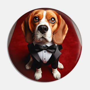 Sad beagle dog in formal tuxedo on red carpet Pin