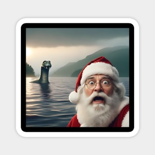 Scared Santa Claus standing near Loch Ness in Scotland takes selfie with Loch Ness Monster Nessie Magnet