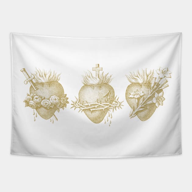 Three Hearts of Jesus, Mary and Joseph (Gold) Tapestry by TheCatholicMan