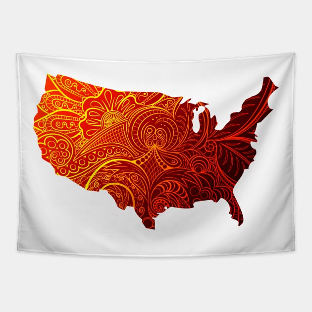 Colorful mandala art map of the United States of America in black and red with yellow Tapestry by Happy Citizen