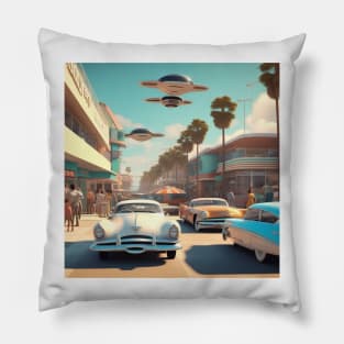 A Retro-Futuristic Image Of A California Beach City Pillow