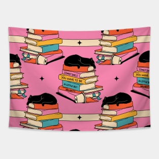 Books and Plant Black Cat Pattern in pink Tapestry