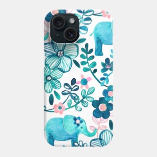 Dusty Pink, White and Teal Elephant and Floral Watercolor Pattern Phone Case