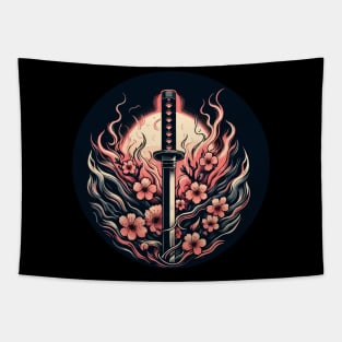 Sakura with katana in flames Tapestry