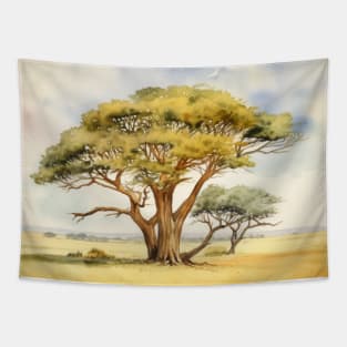 Acacia Tree on Savannah Watercolor Tapestry