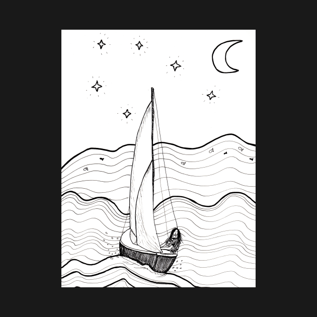 Sailboat on a Wild Ocean whimsical line drawing by Sandraartist