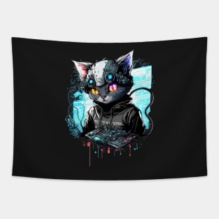 Cyberpunk Hacker Cat Tapestry