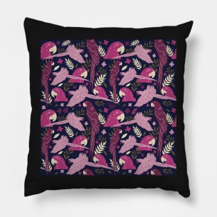 Ara Parrot Tropical Leaves Pink on Dark Blue Pillow