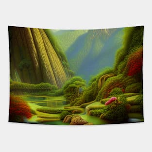 Digital Painting of High Mountains and Colorful plants, NAture Scenery Tapestry