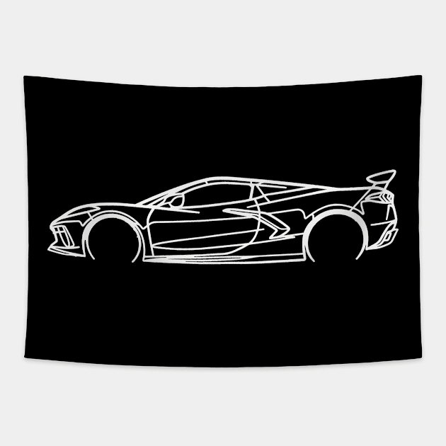 White C8 Corvette Racecar Side Silhouette Outline Arctic White Supercar Sports car Racing car Tapestry by Tees 4 Thee