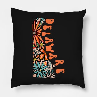 Delaware State Design | Artist Designed Illustration Featuring Delaware State Outline Filled With Retro Flowers with Retro Hand-Lettering Pillow