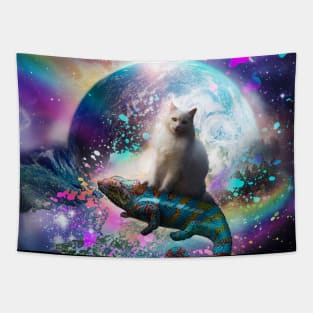 Kitty Cat Riding Rainbow Chameleon Lizard In Space Universe Tapestry