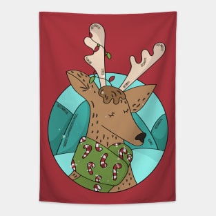 Cute Christmas Deer Illustration with Candy Cane Scarf Tapestry