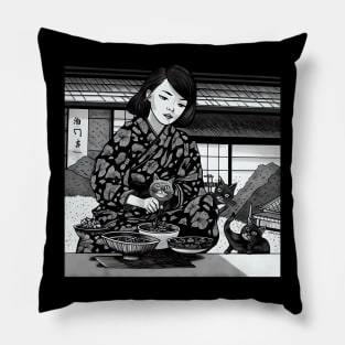 Asian woman feeding cats Pillow