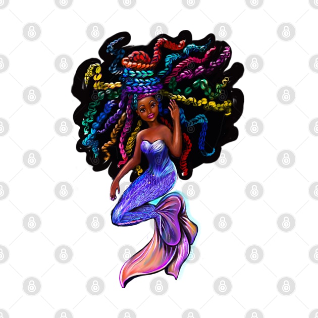 African American mermaid with flowing rainbow braids , brown eyes curly Afro hair and caramel brown skin by Artonmytee