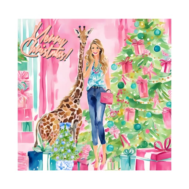 Preppy girl and giraffe decorating Christmas tree by SophieClimaArt