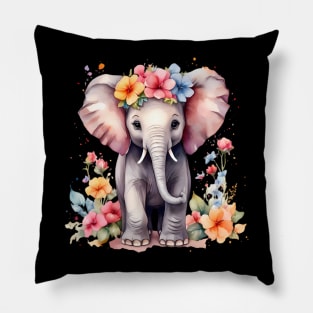 A baby elephant decorated with beautiful watercolor flowers Pillow