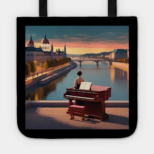 A Pianist Ready To Perform By The River Danube In Budapest Hungary Tote