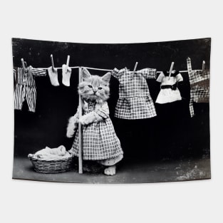 Vintage Black and White Kitty Laundry Photo Tapestry