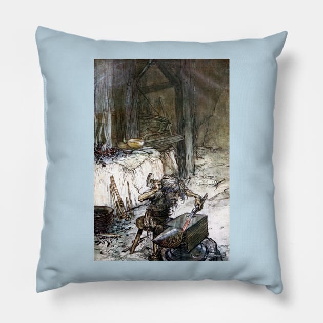 Mime at the Anvil - Siegfried and the Twilight of the Gods - Arthur Rackham Pillow by forgottenbeauty