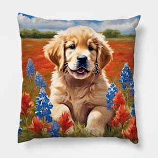 Golden Retriever Puppy in Texas Wildflower Field Pillow