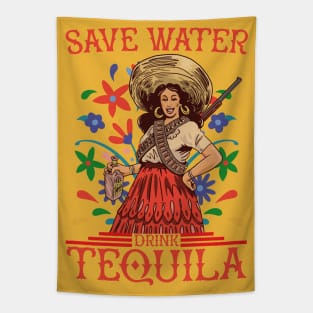 Save Water Drink Tequila - Funny Mexican Tequila Woman Art Tapestry