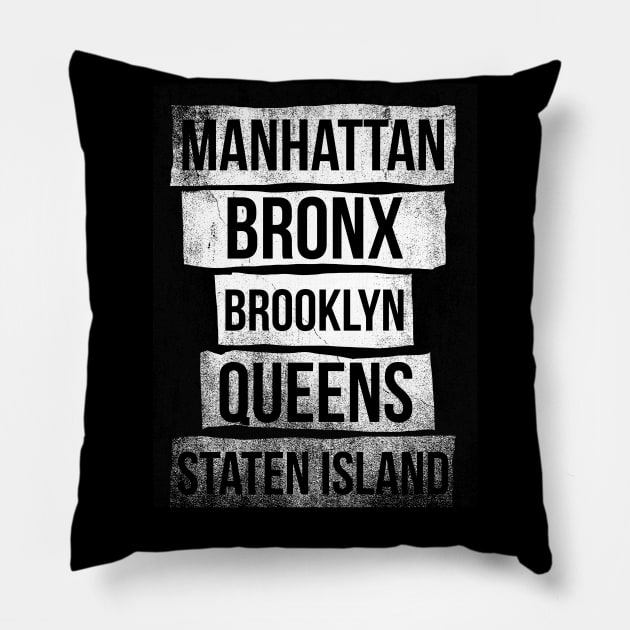 The 5 Boroughs of NY Distressed List Pillow by APSketches