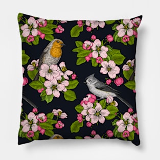 Birds and Blossoms on black Pillow