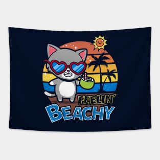 Cute Retro Vintage Cat Chilling On A Beach Funny Punny Meme Tapestry