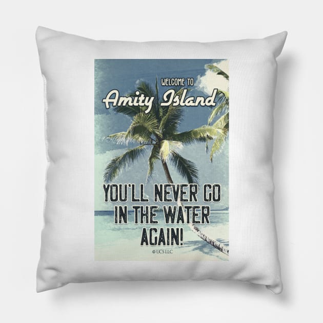 JAWS Amity Island Vintage 1975 Style Movie Poster You`ll Never Go In The Water Again Pillow by Naumovski