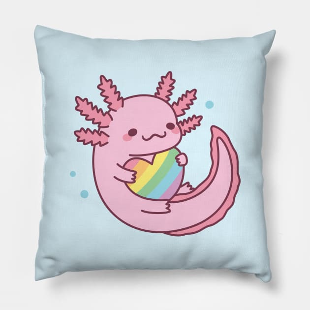 Cute Axolotl Hugging Rainbow Heart Pillow by rustydoodle